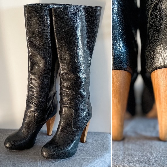 Loeffler Randall Shoes - Loeffler Randall Knee High Heeled Boots Black Leather Distress Snake Embossed 🖤